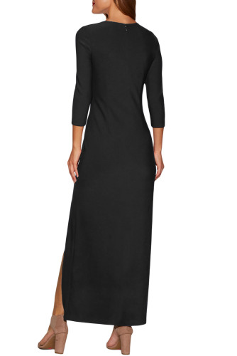 Grommet Side Slit Accent Black Maxi Dress