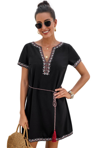 Black Summer Boho Embroidered V Neck Short Sleeve Casual Mini Dress