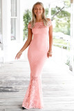 Pink Bardot Lace Fishtail Maxi Dress