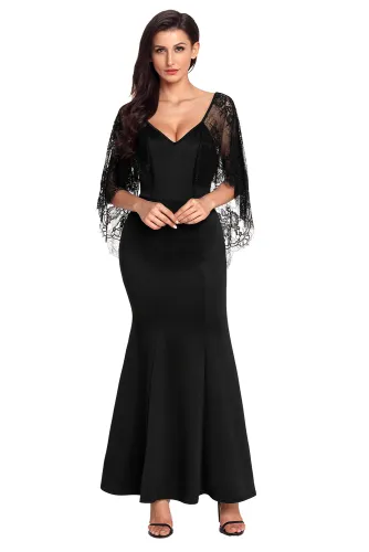 Black V Cut Open Back Lace Cape Sleeve Maxi Evening Poncho Dress