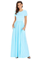 White Striped Light Blue Short Sleeve Maxi Dress