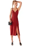 Red Buttoned Linen Midi Dress