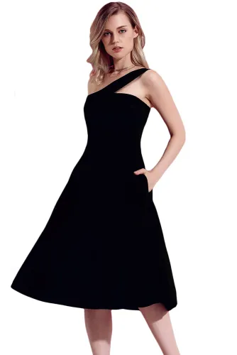 Black Asymmetric One Shoulder Flared Midi Dress