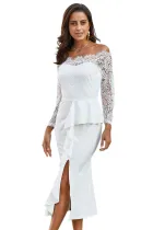 White Ruffle Detail Lace Off Shoulder Midi Dress