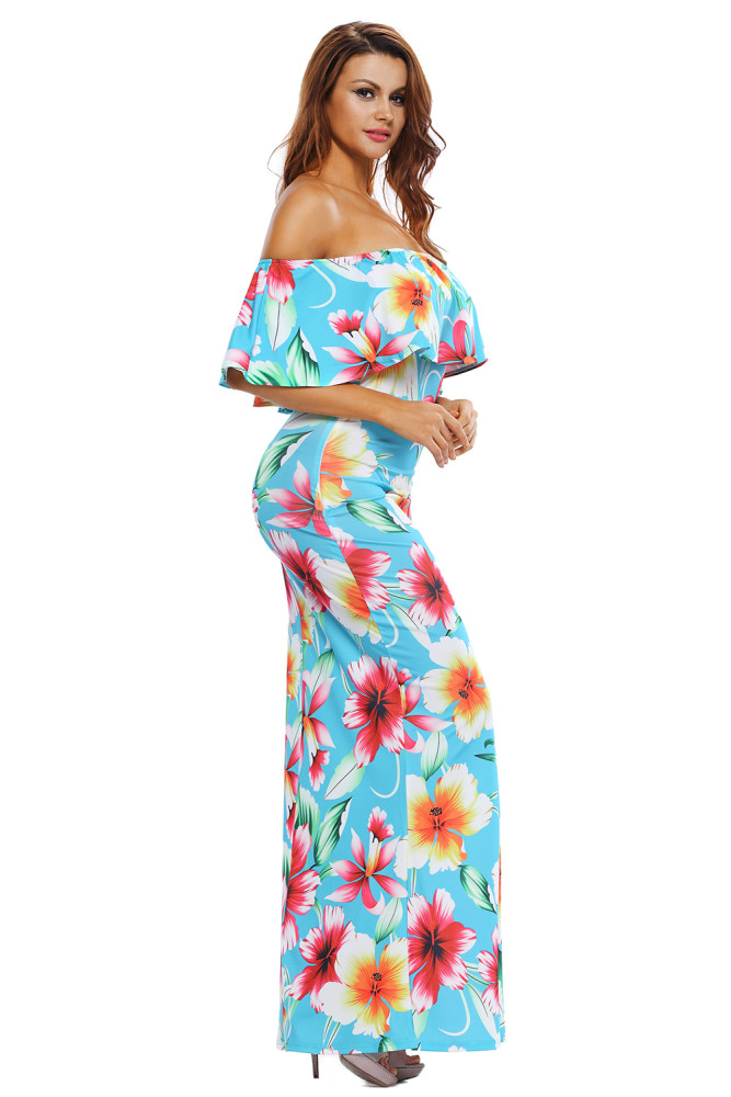 Turquoise Roses Print Off-the-shoulder Maxi Dress