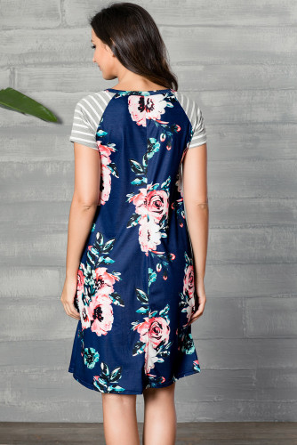 Blue Backdrop Floral Print A-line Loose T-shirt Dress