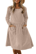 Apricot Pinstriped Casual Pocket Dress