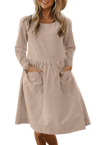 Apricot Pinstriped Casual Pocket Dress
