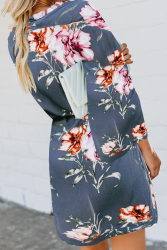 Blue Casual V Neck 3/4 Sleeve Floral Dress