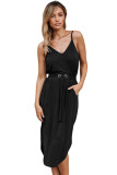 Black Spaghetti Straps Drawstring Waist Midi Dress
