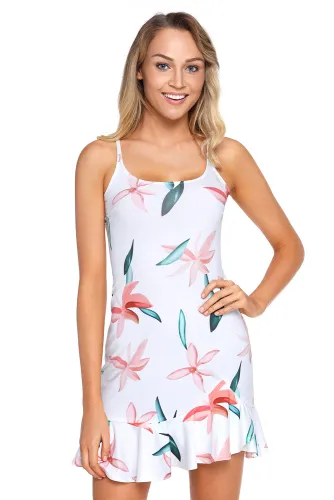 Flowers and Leaves Print Ruffle Hem Mini Dress