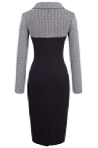 Gray Vintage Turn-Down Collar Pinup Button Midi Dress