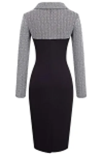 Gray Vintage Turn-Down Collar Pinup Button Midi Dress