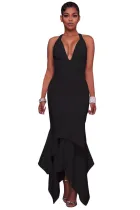 Black Cross Back Asymmetric Hemline Maxi Dress