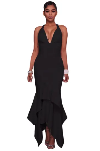 Black Cross Back Asymmetric Hemline Maxi Dress
