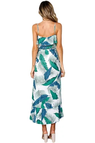 Green Blue Palm Print Ruffle Detail Sundress