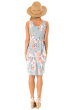 Gray Floral Print Sleeveless Button up Dress
