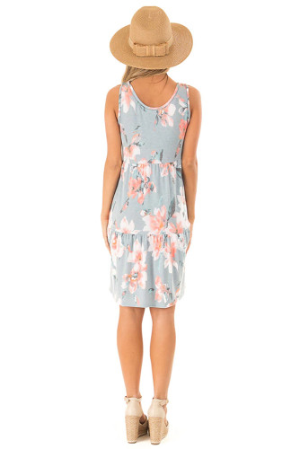 Gray Floral Print Sleeveless Button up Dress