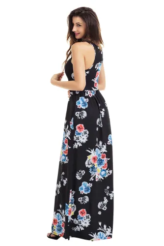 Black Floral Print Sleeveless Long Boho Dress