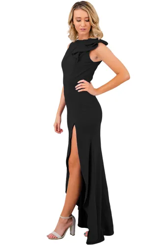 Black Asymmetric Ruffle Detail Side Slit Party Dress