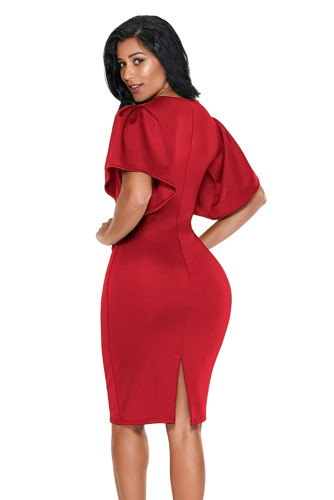 Red Flutter Sleeve Back Slit Sheath Dress