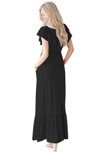 Black Ruffle Detail Soft Jersey Maxi Dress