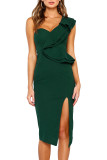 Hunter Green Asymmetric Ruffled One Shoulder Midi Dress