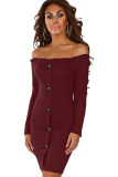 Burgundy Button Front Ribbed Bardot Mini Dress