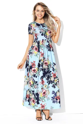 Pocket Design Short Sleeve Light Blue Floral Maxi Dress