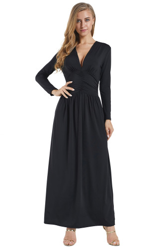 Black Vintage Inspired V-neck Long Sleeve Maxi Dress
