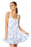 Sky Blue Leaf Pattern Ruffled Summer Boho Dress