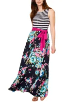 Blue Pink Floral Striped Sleeveless Boho Dress