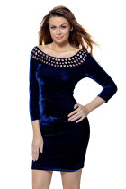 Navy Hollow Out Round Neck Sleeved Velvet Dress