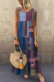 Blue Bohemian Splicing Round Neck Sleeveless Dress