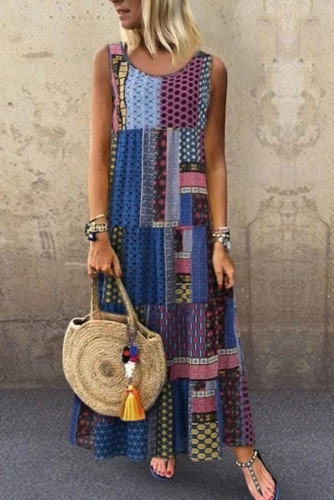 Blue Bohemian Splicing Round Neck Sleeveless Dress