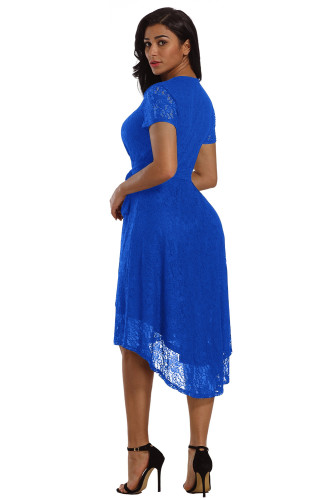 Royal Blue Wrap and Tie Lace Hi-lo Midi Dress