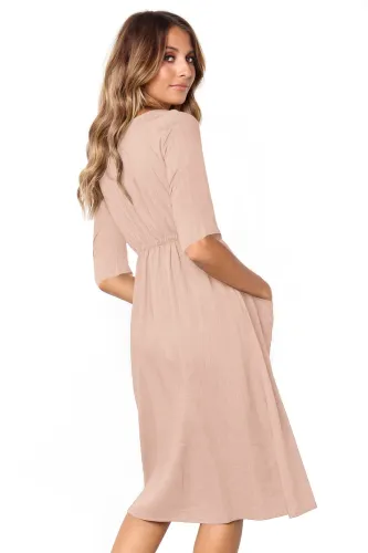 Pink Button Front Midi Dress with Pockets