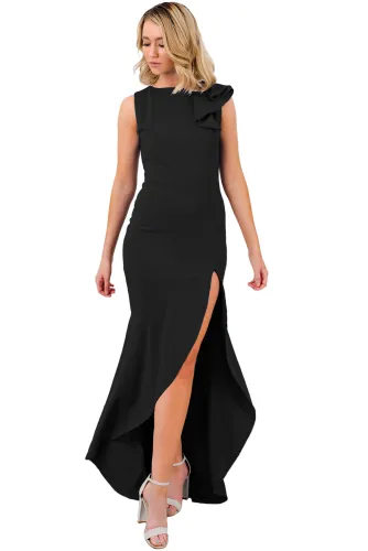 Black Asymmetric Ruffle Detail Side Slit Party Dress