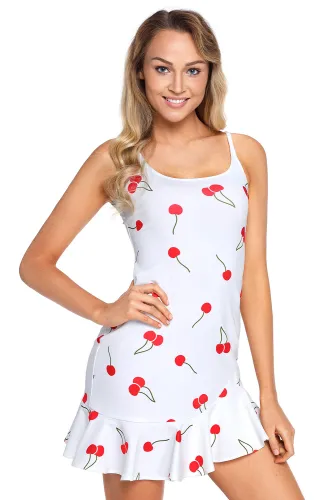 White Sweet Cheery Print Ruffle Hem Mini Dress