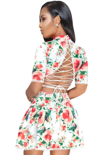 White Multicolor Floral Lace-up Back Short Skater Dress