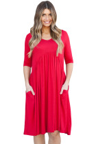 Red 3/4 Sleeve Draped Swing Dress