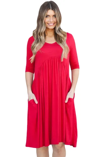 Red 3/4 Sleeve Draped Swing Dress