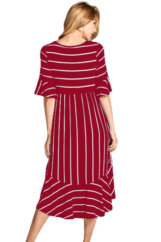 Burgundy White Striped Bell Sleeve Hi-low Midi Dress