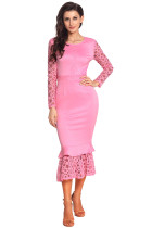 Pink Hollow-out Long Sleeve Lace Ruffle Bodycon Midi Dress