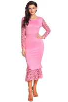 Pink Hollow-out Long Sleeve Lace Ruffle Bodycon Midi Dress