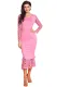 Pink Hollow-out Long Sleeve Lace Ruffle Bodycon Midi Dress