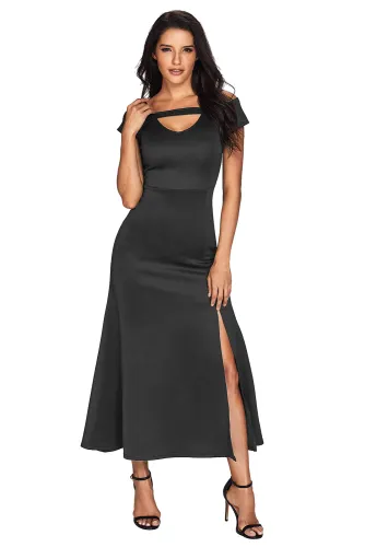 Grey Cold Shoulder Front Slit Flare Maxi Dress