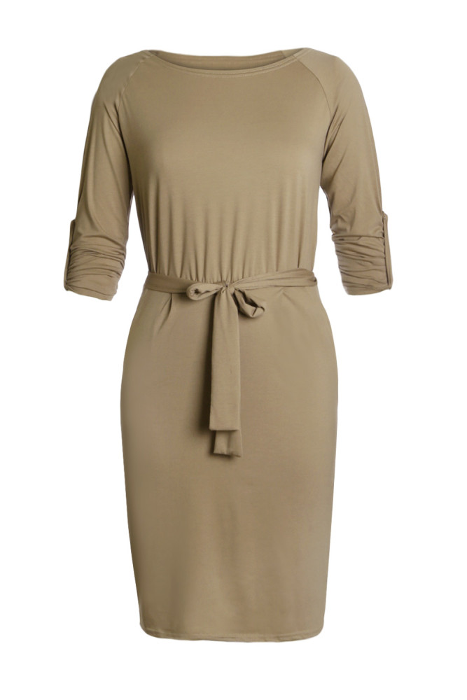 Olive Roll-tab Long Sleeve Tie Waist Midi Dress