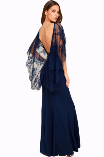 Navy Blue V Cut Open Back Lace Cape Sleeve Maxi Evening Poncho Dress