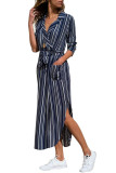 Navy White Multi Striped Shirt Dress with Tie